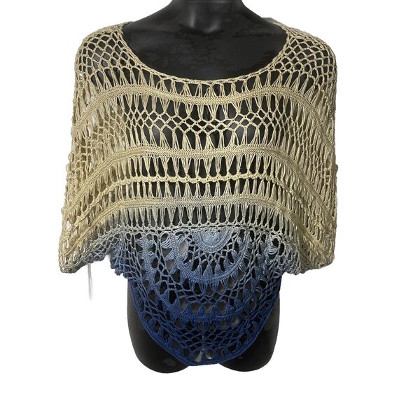 Dolled Up By Fang Oatmeal 2 Blue Gradient Size XL Beach Open Knit Shawl - Picture 1 of 11